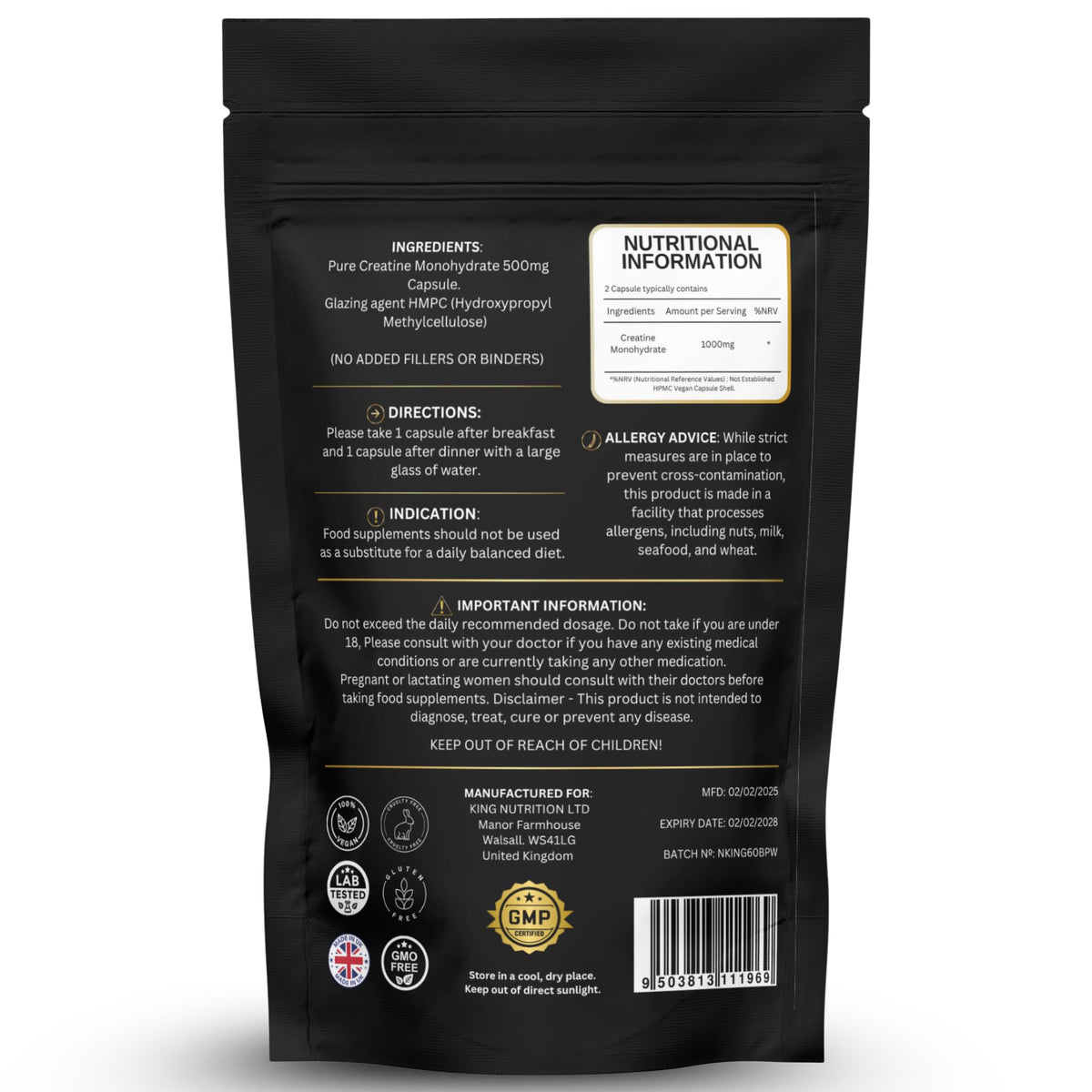 Nutrition Kings Creatine Monohydrate 1000mg – 60 Vegan Capsules – Muscle Growth, Strength, Endurance, Workout Recovery – Vegan Supplement