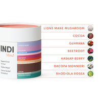 Indi INDI Lion's Mane Mushroom Powder Supplement – Nootropic Brain Support for Focus & Mental Clarity – 15:1 Extract with Magnesium, CoQ-10 & Rhodiola – Chocolate Flavour, Vegan & Made in UK – 28 Servings