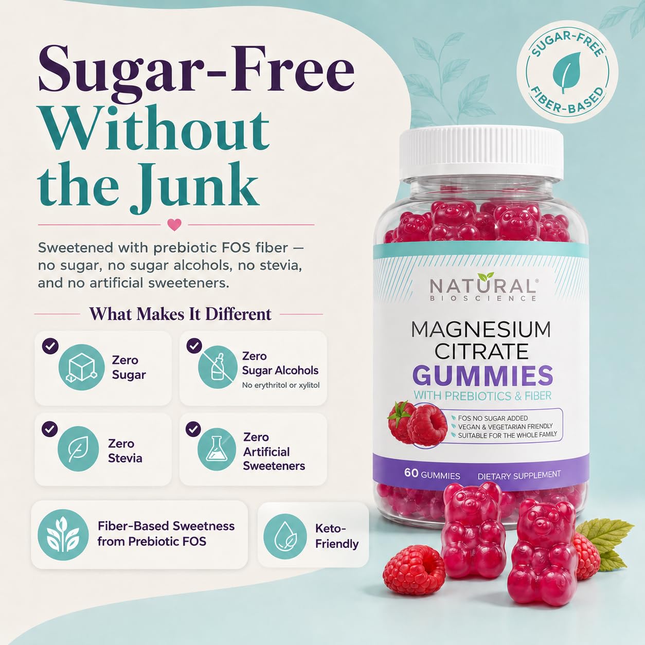 Natural BioScience Magnesium Citrate Gummies | 180 Magnesium Supplements - 100mg of Magnesium Citrate per Serving | Raspberry Flavoured - Suitable for Adults & Children | Sugar Free, Non-GMO & Vegan
