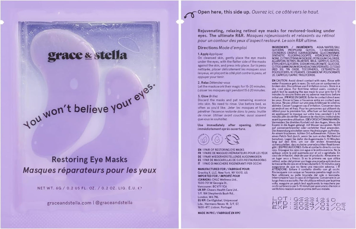 grace & stella Under Eye Gel Patches - Purple, 6 Pairs - Retinol Under Eye Patches - Gel Eye Masks for Puffy Eyes and Dark Circles - Dermatologist Tested Under Eye Masks - Vegan Eye Masks Skincare