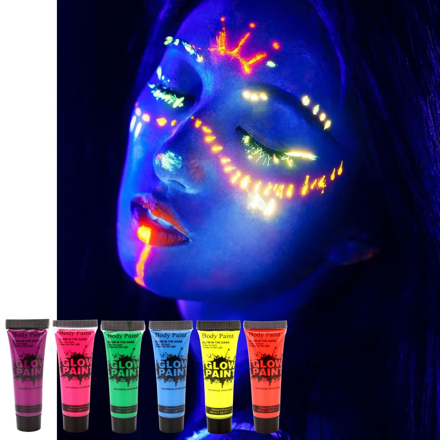 LYNTYAOU 6 Colors UV Neon Face Body Paint, Makeup Set Fluorescent Painting Glow in Dark, Blacklight Safe Non-toxic Quick-Dry Paint for Adults Halloween, Christmas（6 X 10ml）