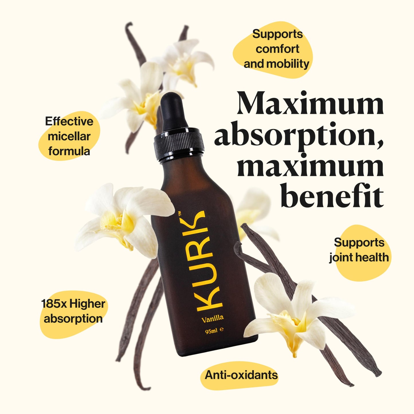 Kurk KURK Essential Liquid Turmeric Supplement, Turmeric Curcumin Drops, Oil for Advanced Everyday Wellness, Focus & Energy, 185x More Absorbable Than Powders, Plant-Based (Vanilla) (95ml)