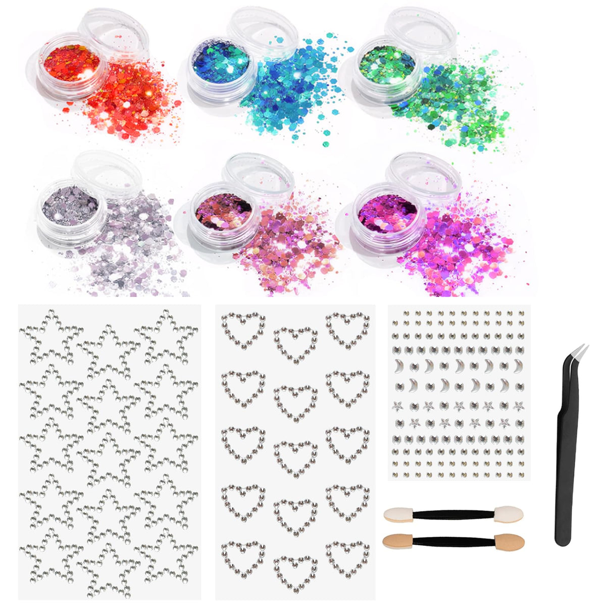 NVGVUP Body Glitter Gel with Gem Stickers Beauty Set, 6 Colours Face Glitter Makeup & 3 PCS Festival Face Gems Stick On, Face Gems Rhinestone for Makeup, Nail