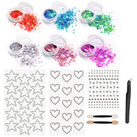 NVGVUP Body Glitter Gel with Gem Stickers Beauty Set, 6 Colours Face Glitter Makeup & 3 PCS Festival Face Gems Stick On, Face Gems Rhinestone for Makeup, Nail