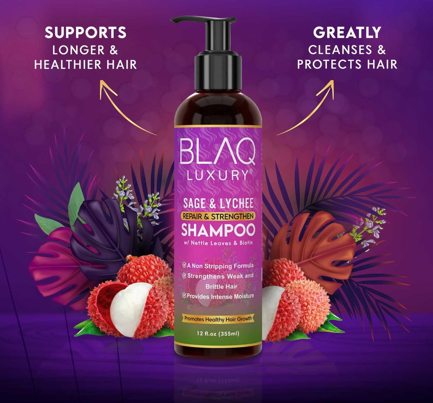 Blaq Luxury Sage & Lychee Repair and Strengthen Shampoo - Revitalizes Your Hair with infused Biotin and Nettle - Sulfate-Free Formula for All Hair Typ...
