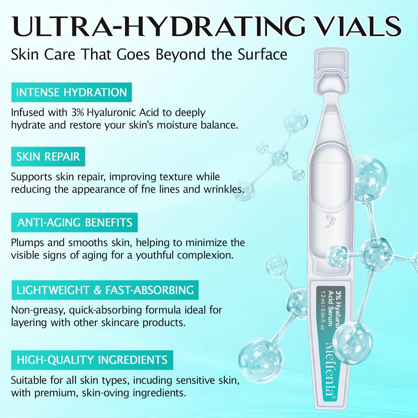MASAIGGE 3% Hyaluronic Acid Serum Ultra-Hydrating Vials, 30Pcs Hyaluronic Acid Tubes, Deep Hydration Essence, Anti-Aging Serum for Face Single-Use Vials Skincare, Lasting Moisturizing,Firming Skin
