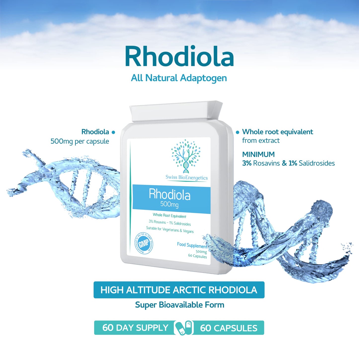 swiss bioenergetics Rhodiola 500mg (3% Rosavins - 1% Salidrosides) Whole Root Equivalent – 60 Capsules - Suitable for Vegetarians and Vegans
