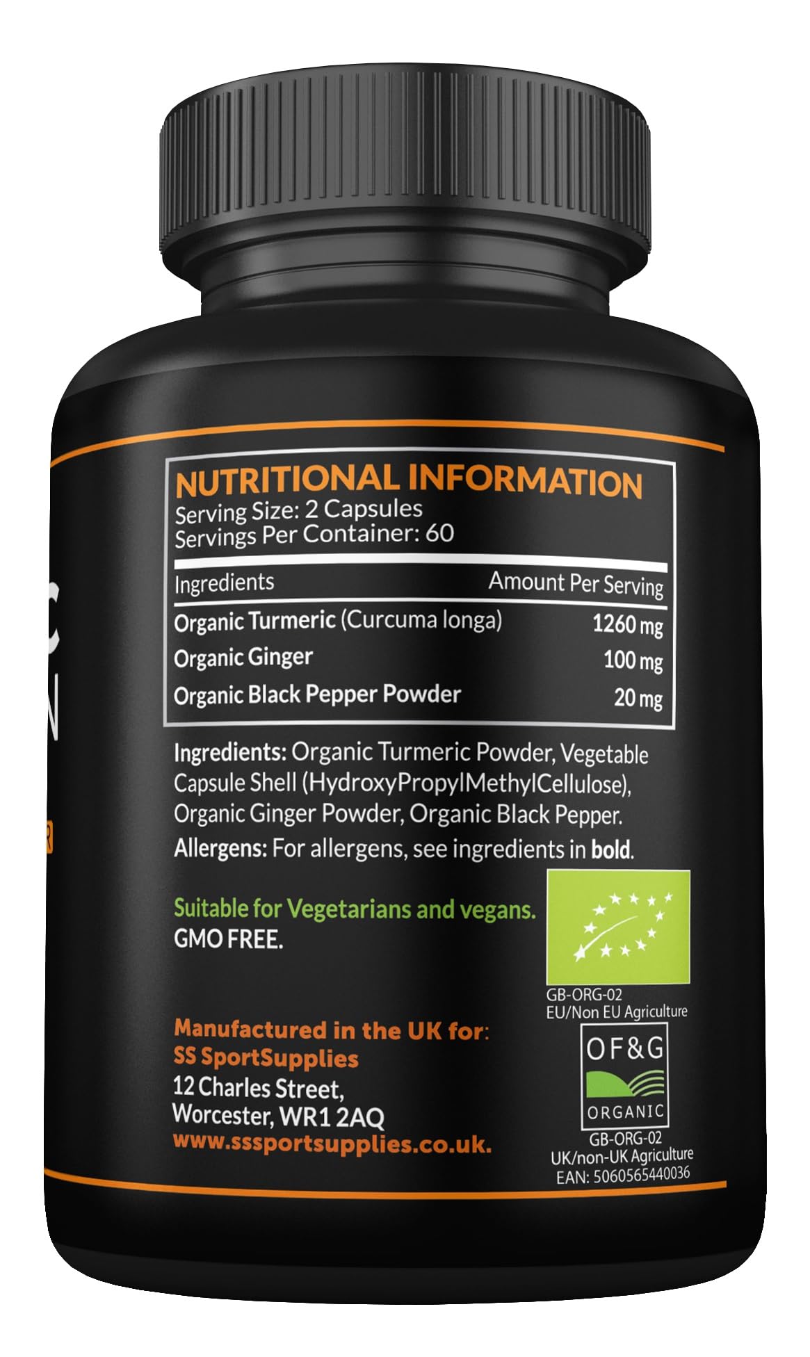SS Sport Supplies Organic Turmeric Capsules High Strength and Black Pepper with Active Curcumin with Ginger 1380mg - Advanced Tumeric - Each 120 Veg Capsule is Organic (2 Capsules per Serving)