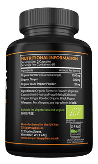 SS Sport Supplies Organic Turmeric Capsules High Strength and Black Pepper with Active Curcumin with Ginger 1380mg - Advanced Tumeric - Each 120 Veg Capsule is Organic (2 Capsules per Serving)