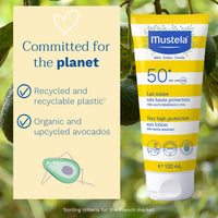 Mustela - Very High Protection Sun Lotion - Sunscreen SPF 50 with Avocado Perseose and vitamin E - Water and Sand Resistant Body Lotion - for Babies, Children and Adult Skins – 100ml