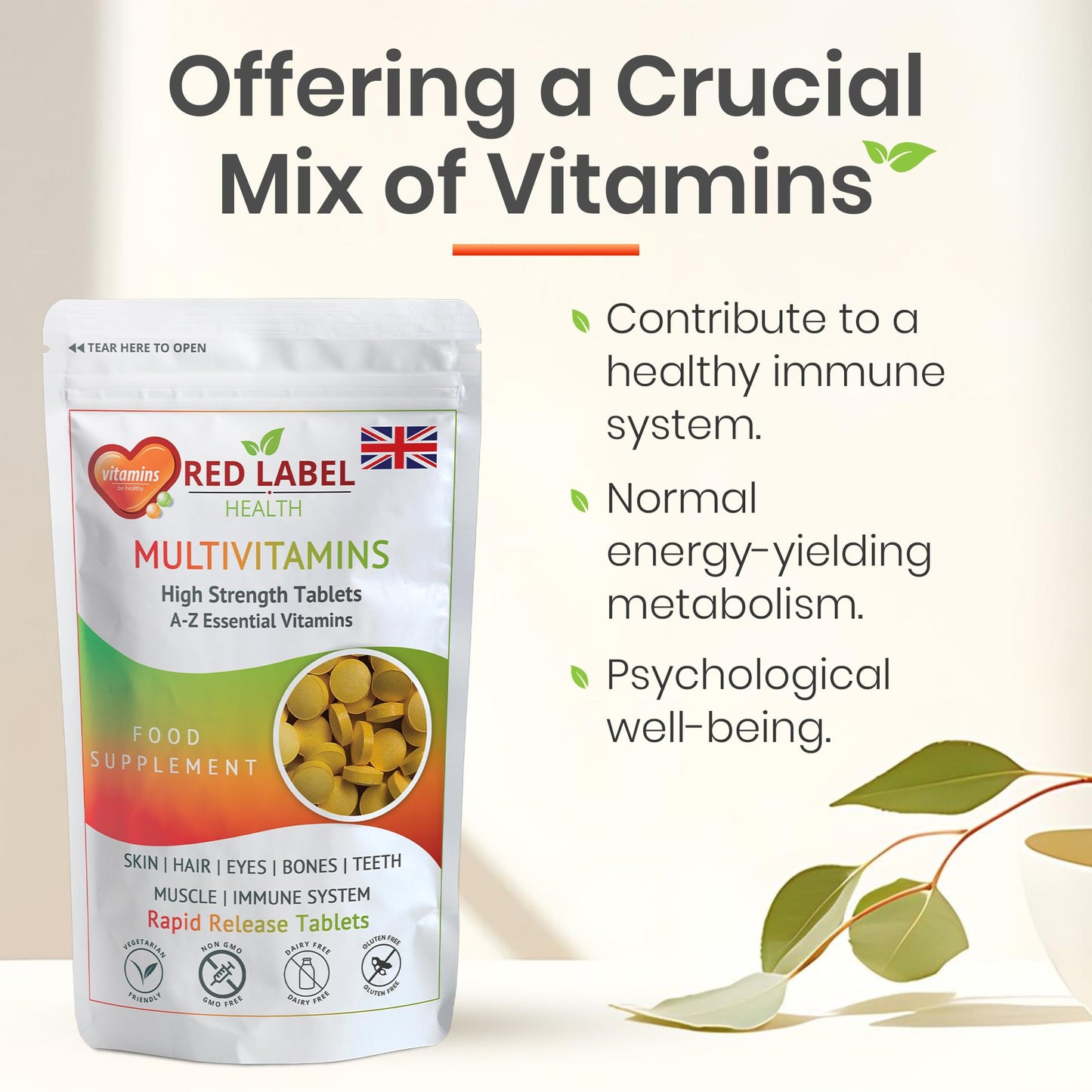 Red Label Health Multivitamin Tablets for Men & Women, 30 Tablets 1 Month Supply A-Z Essential High Strength Multi Vitamin Supplement Immune Support & Daily Wellbeing Vegetarian Multivitamins One a Day