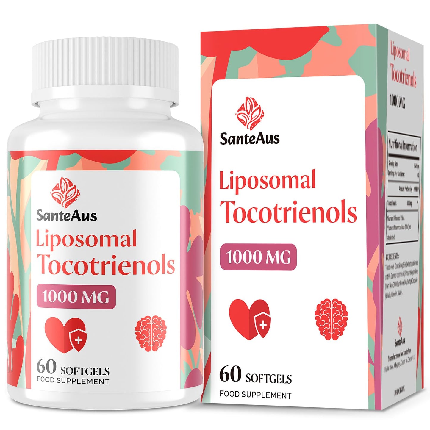 SanteAus Liposomal Tocotrienols Supplement 1000mg, Vitamin E, High Bioavailability, 95% Delta & 5% Gamma Tocotrienol Capsules, for Immune, Bone, Skin, and Antioxidant Support, No Fillers, No Soy