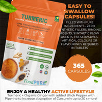 FoodPURA Turmeric Curcumin Capsules with Black Pepper & Ginger High Strength 3675mg HACCP Certified, Manufactured in The UK by FoodPURA (365)