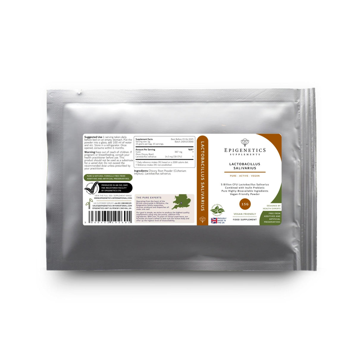 Epigenetics Lactobacillus Salivarius 15g | 5 Billion CFU Probiotic + Chicory Root Prebiotic (Inulin) | Vegan Friendly Powder for Gut Health | UK Made | 1g Daily (15 Servings)
