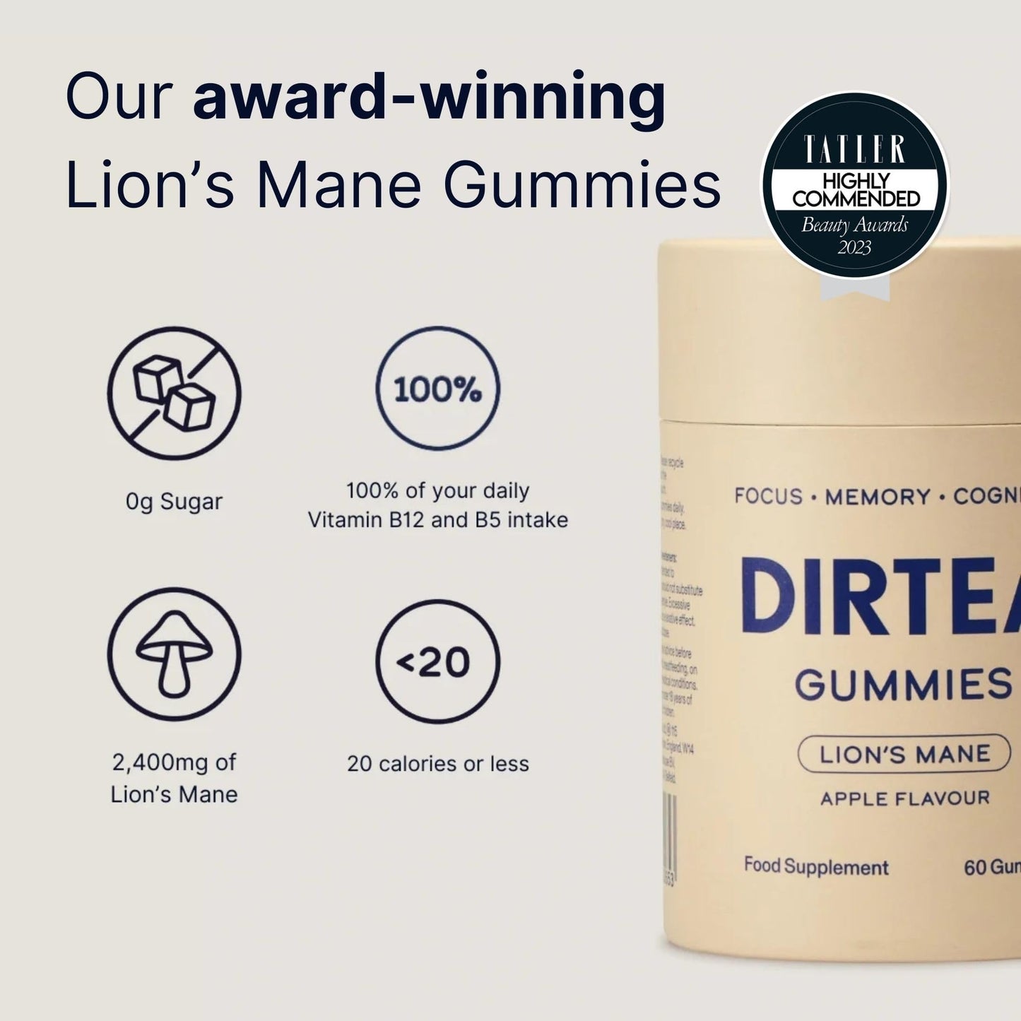 DIRTEA Lion's Mane Mushroom Gummies (60 Gummies) - 2,400mg per Serving - Vegan, Natural & Sugar Free with Vitamin B12 & B5 - Apple Flavour