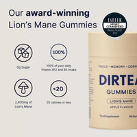DIRTEA Lion's Mane Mushroom Gummies (60 Gummies) - 2,400mg per Serving - Vegan, Natural & Sugar Free with Vitamin B12 & B5 - Apple Flavour
