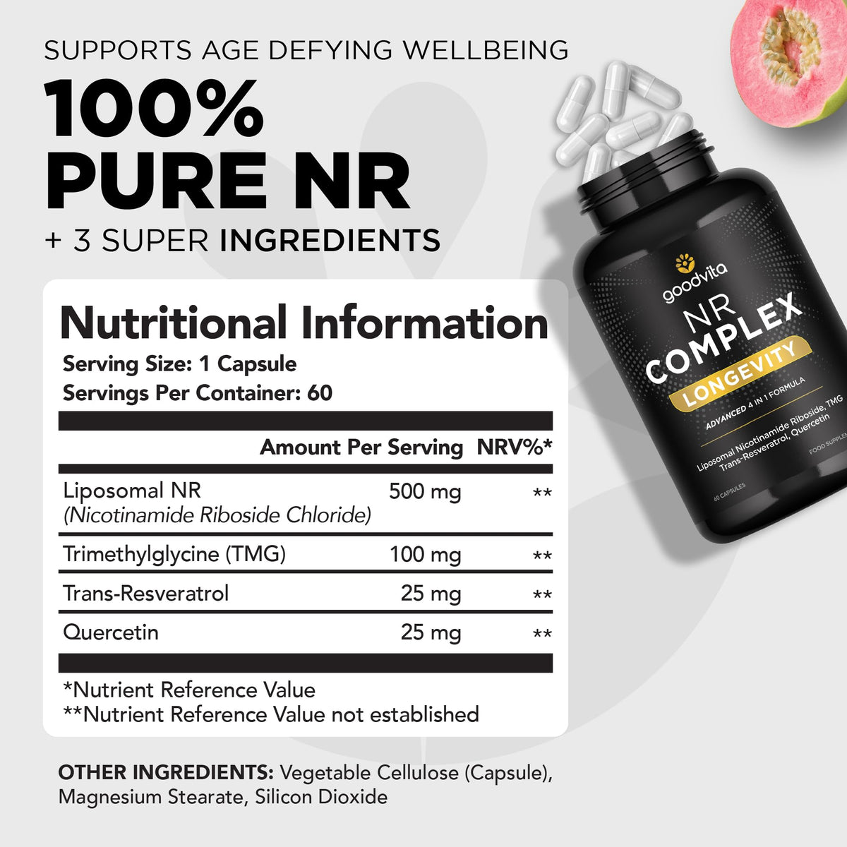 Goodvita Nicotinamide Riboside NR Supplement (4 in 1 Complex) 60 Caps, 2 Months Supply | UK Made | Boost NAD+ Anti-Aging | TMG Resveratrol Quercetin | Liposomal Highest Bioavailability