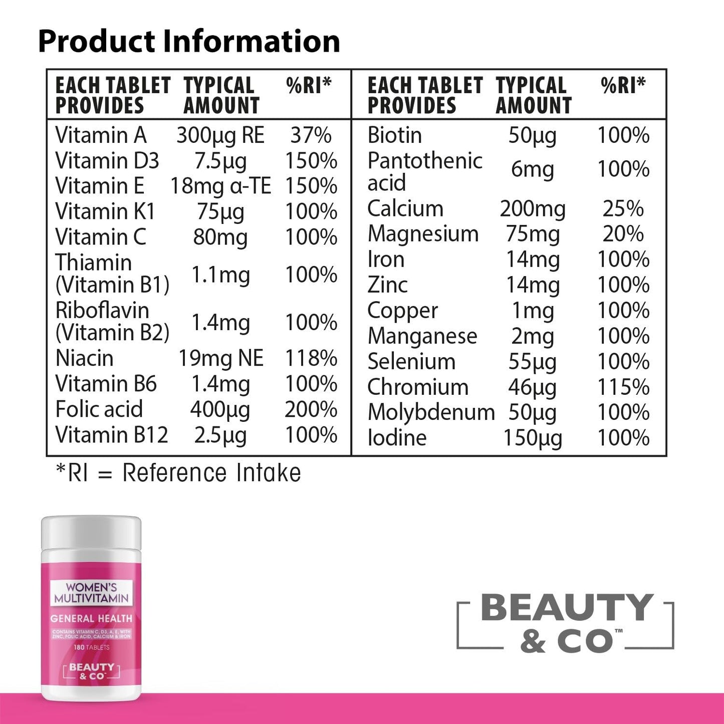 Women's Multivitamin Tablets, Beauty & Co. 180 Tub, Contains 23 Vitamins and Essential Minerals