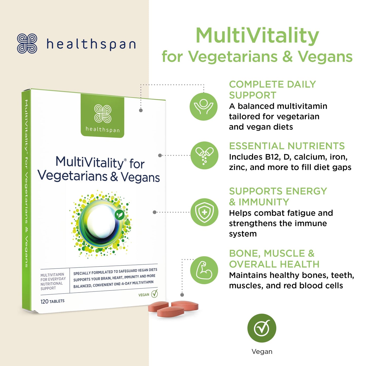 Healthspan Multivitamin for Vegetarians & Vegans (120 Tablets) | Winner Vegan Choice Awards | for Your Brain, Heart & Immunity | Supports Energy Levels & Overall Wellbeing | with Vitamin B12 | Vegan