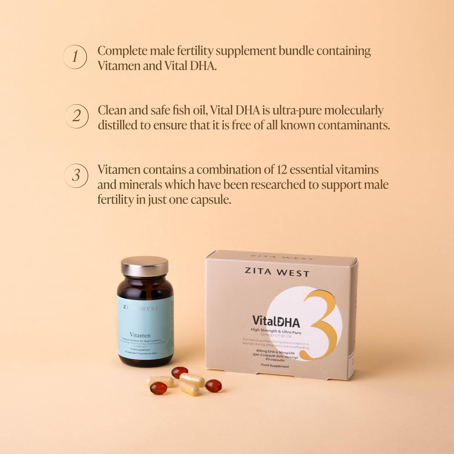 Zita West Male Fertility Supplements Bundle - Vitamen & Vital DHA - 1 Month Supply