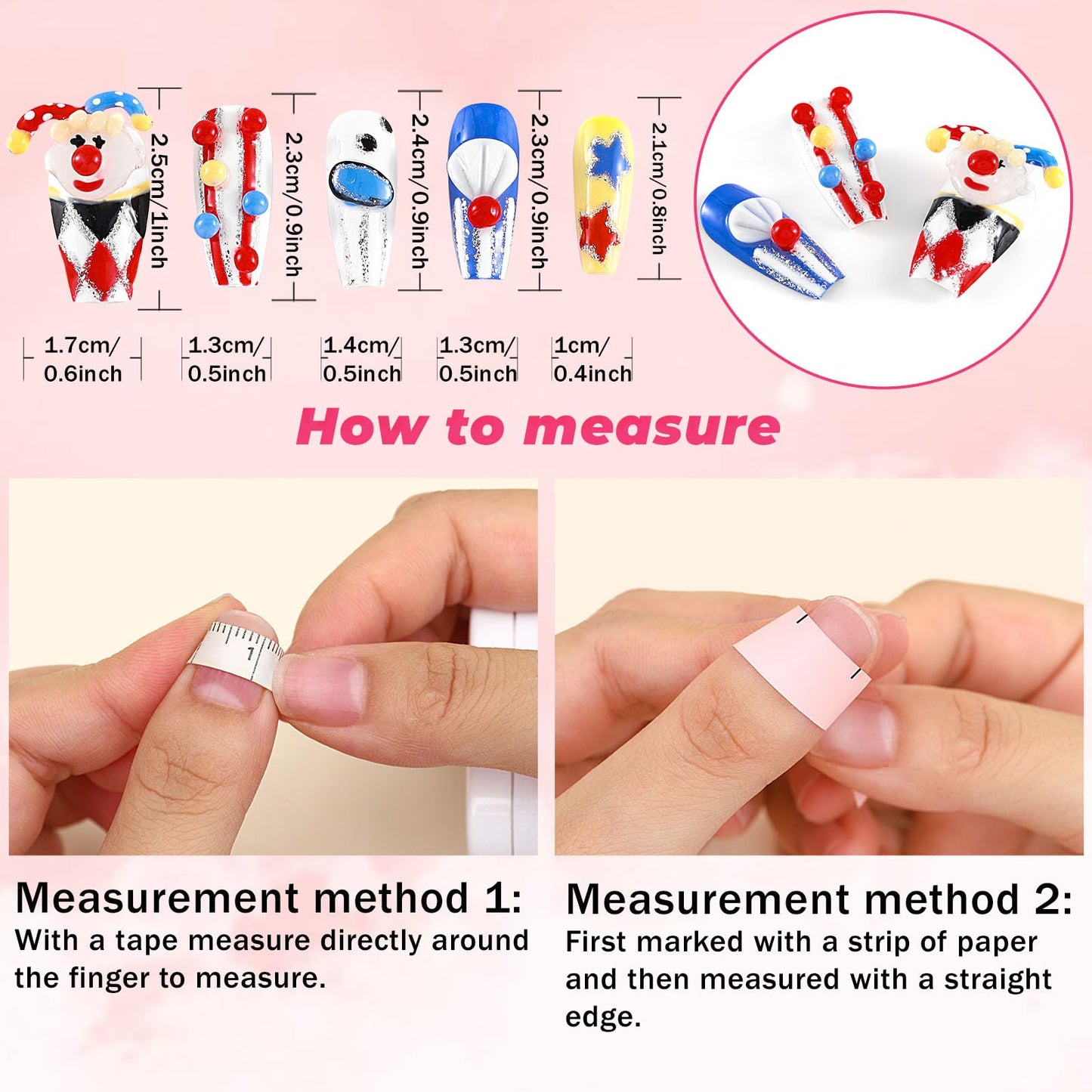 Sethexy Halloween Hand-painted Long Coffin Fake Nail 3D Clown Handmade False Nails Glossy Acrylic Press on Nails Salon Durable Quality Nails for Women and Girls(I)