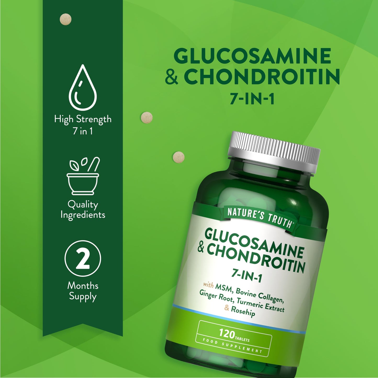 Glucosamine and Chondroitin High Strength 7-in-1 | 1200mg Complex with MSM, Bovine Collagen, Ginger Root, Turmeric Extract, and Rosehip | 120 Tablets | Nature's Truth