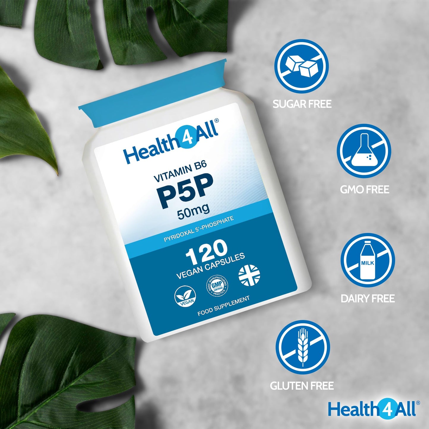 P5P 50mg Activated Vitamin B6 with Magnesium Citrate for Tiredness & Fatigue - 120 Capsules 4 Month Supply - Pyridoxal 5'-Phosphate - Vegan VitB6 Supplement - Made in UK by Health4All