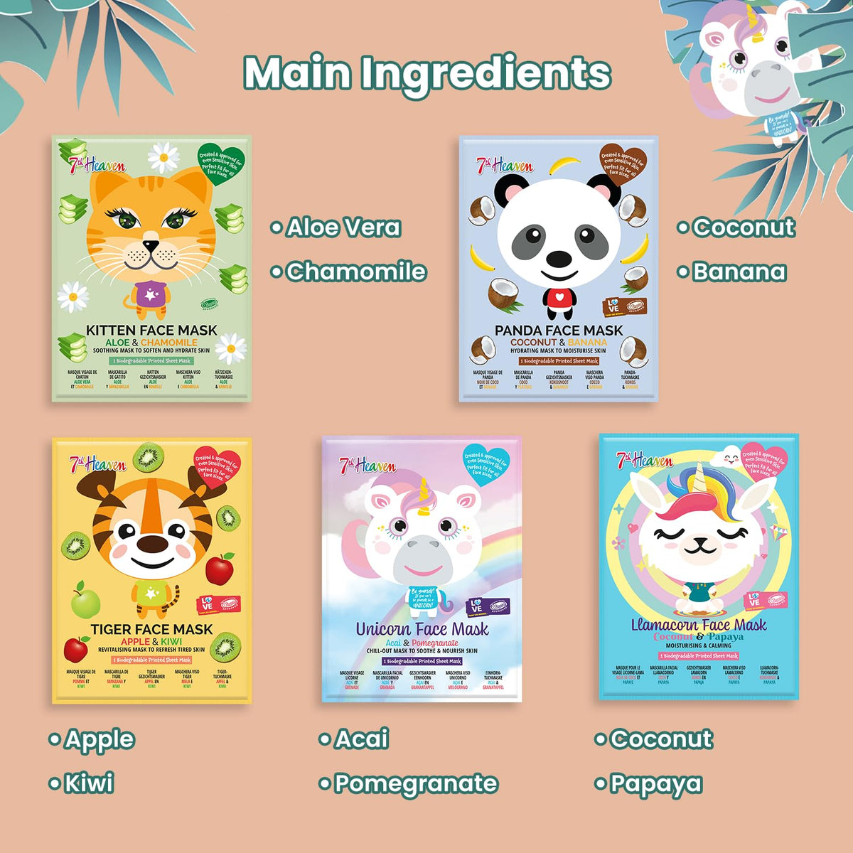 7th Heaven Go Wild Face Mask Gift Set - 5 Fun Animal Themed Skin Care Sheet Masks - Unicorn, Llamacorn, Panda, Tiger and Kitten