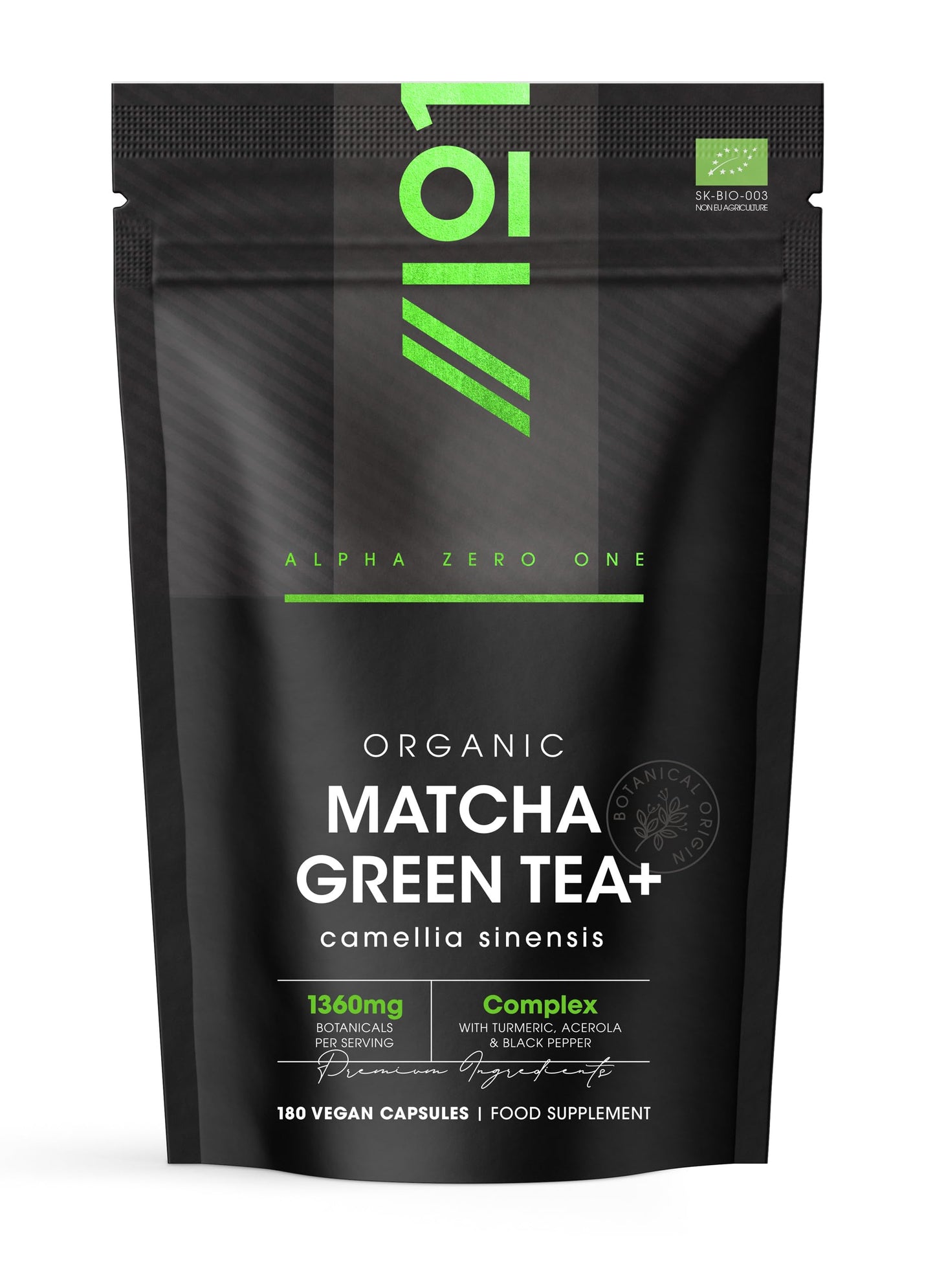ALPHA01 Organic Matcha Green Tea Extract 1360mg - 180 Vegan Capsules - Boosted with Turmeric, Acerola & Black Pepper – Resealable and Recyclable Pouch by Alpha01