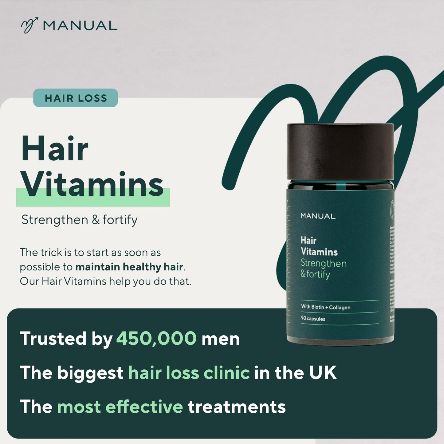 Manual Hair Growth Vitamin Supplements (90 Capsules) - for Thicker & Healthier Hair - with Multiple Vitamins Including Biotin & Collagen - for Hair Loss & Thinning - Take 1 Daily - 3 Month Supply