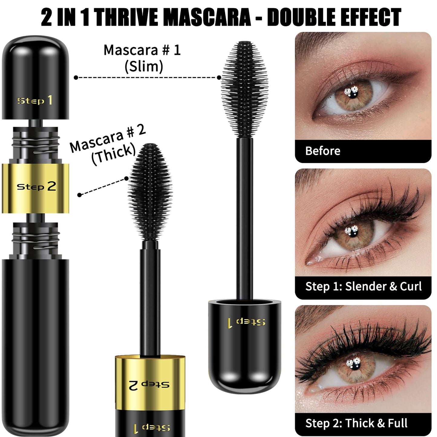 GJNL Mascara Black Volume and Length - 2 in 1 Double Effect Mascara Waterproof Natural & 4D Magic Effect Extensions, Perfect Gifts for Women Mom Silk Fiber Smudge-proof Mascara