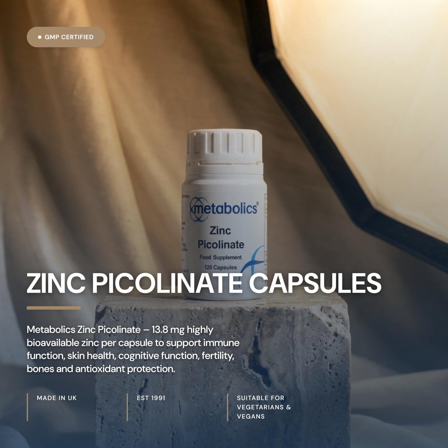 Metabolics Zinc Picolinate 13.8mg Capsules, 138% NRV — UK Made GMP Certified — High Strength Essential Mineral Supplement — Vegan — 120 Capsules — 4 Month Supply