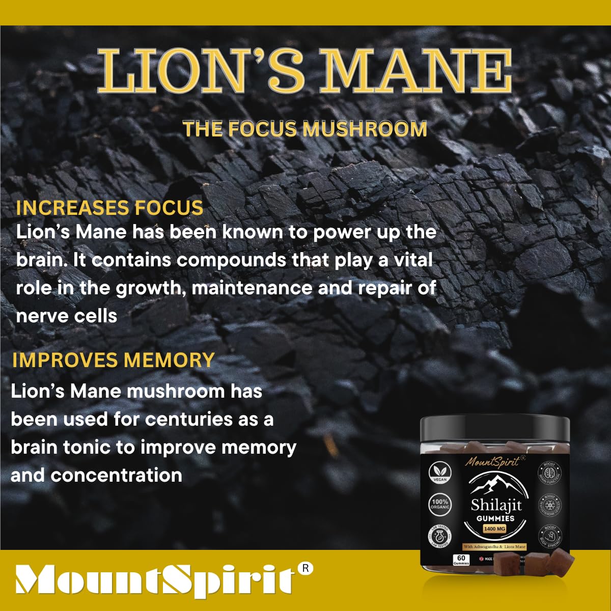 Shilajit Gummies 3-in-1 Max Strength by MountSpirit™, Himalayan Shilajit with Lions Mane and Ashwagandha, Fulvic & Humic Acid and 85+ Minerals, for Energy, Immunity & Focus, Sugar-Free, 60 Gummies