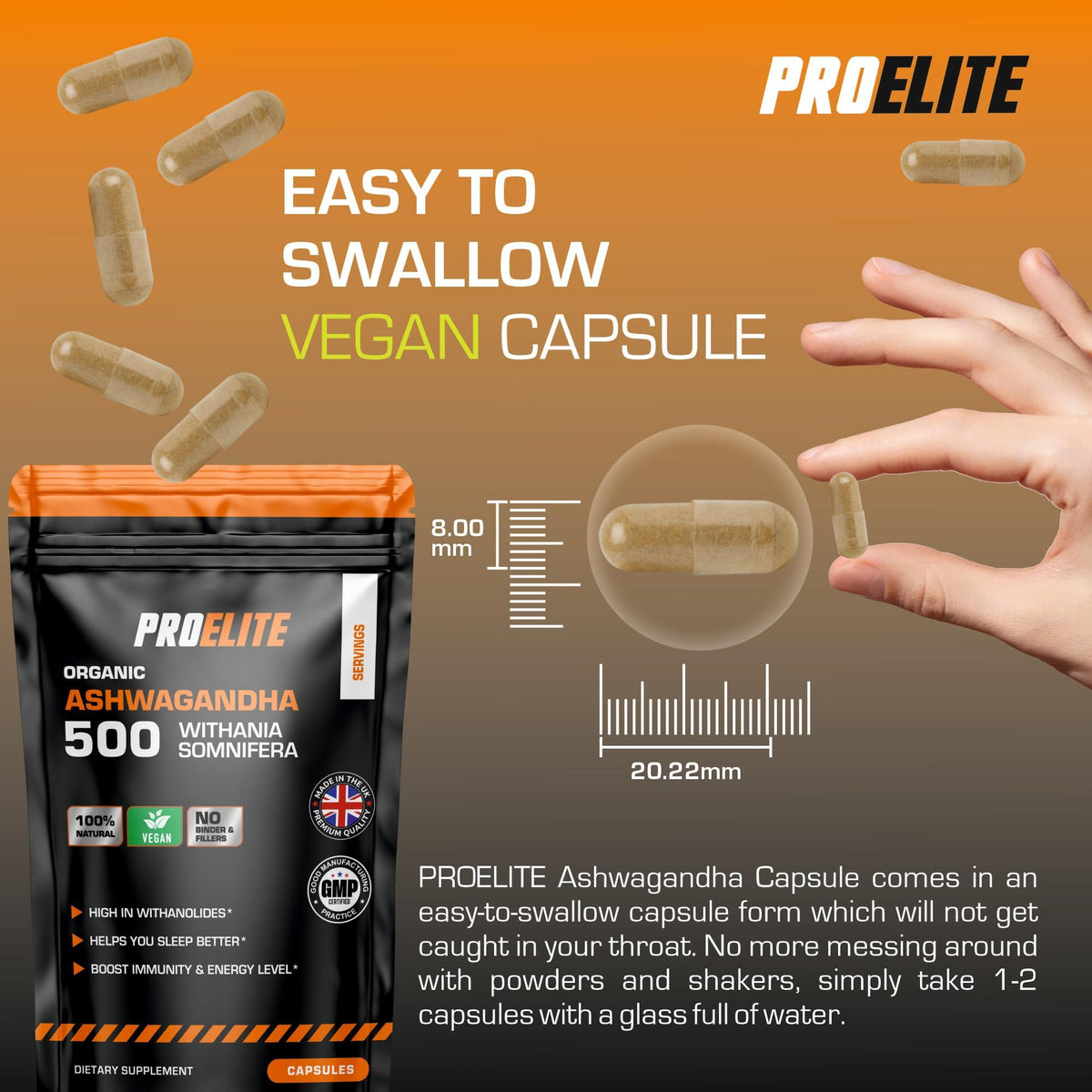 PROELITE Ashwagandha 180 Capsules Vegan Ashwagandha Root Powder Capsule 10% Withanolides 500mg High Strength 10,000mg Extract 20:1 | Stress Relief, Energy, Strength & Endurance by PRO-Elite