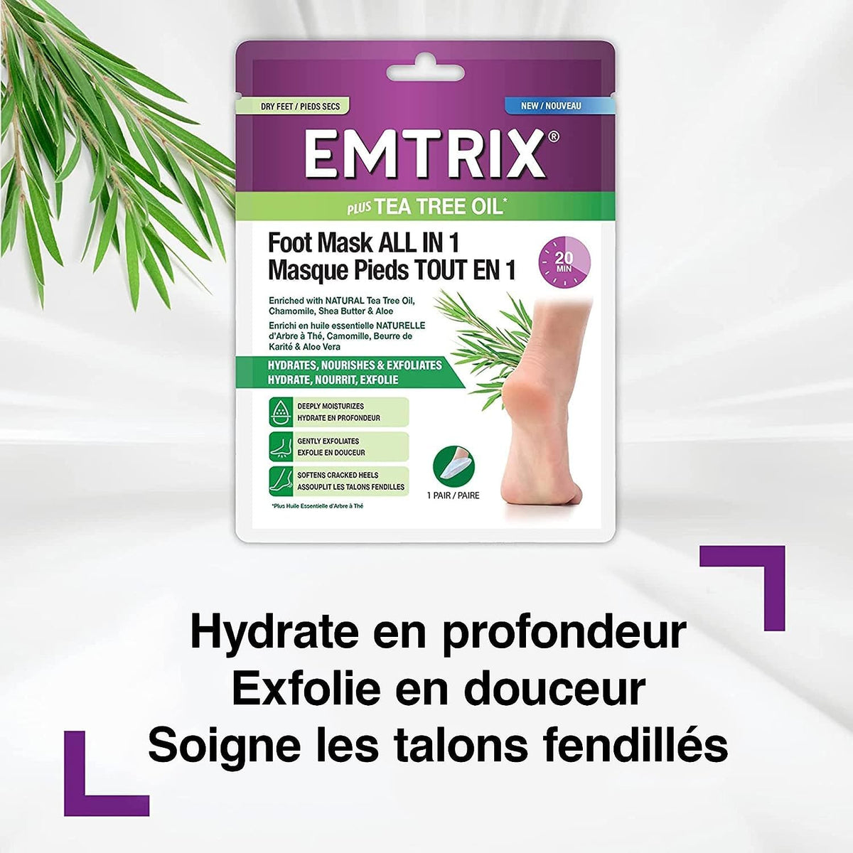 Emtrix Foot Mask Socks All in 1, Moisturising Foot Mask with Natural Tea Tree Oil, Designed to Hydrate, Exfoliate & Soften Cracked Heels in 20 Minutes for Baby Soft Feet - (3 Pair)