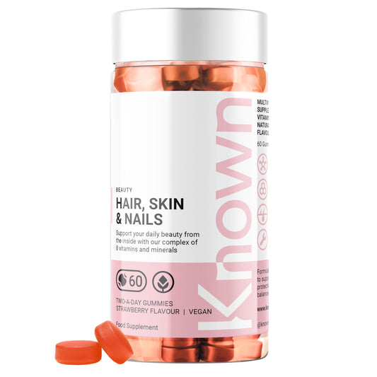 Hair, Skin & Nails Vitamin Gummies by Known | 60 Two-a-Day Vitamin Gummies (One Month’s Supply) | Natural Botanical Extract | for Healthy Hair, Skin & Nails | Strawberry Flavoured Gummies (Pack of 1)