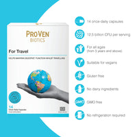 Pro-Ven Probiotics for Travel | 12.5 Billion Live Bacteria with Ginger Glutamine and Calcium | Daily Digestive Support for Holidays and Overseas Trips Easy to Pack | 14 Capsules