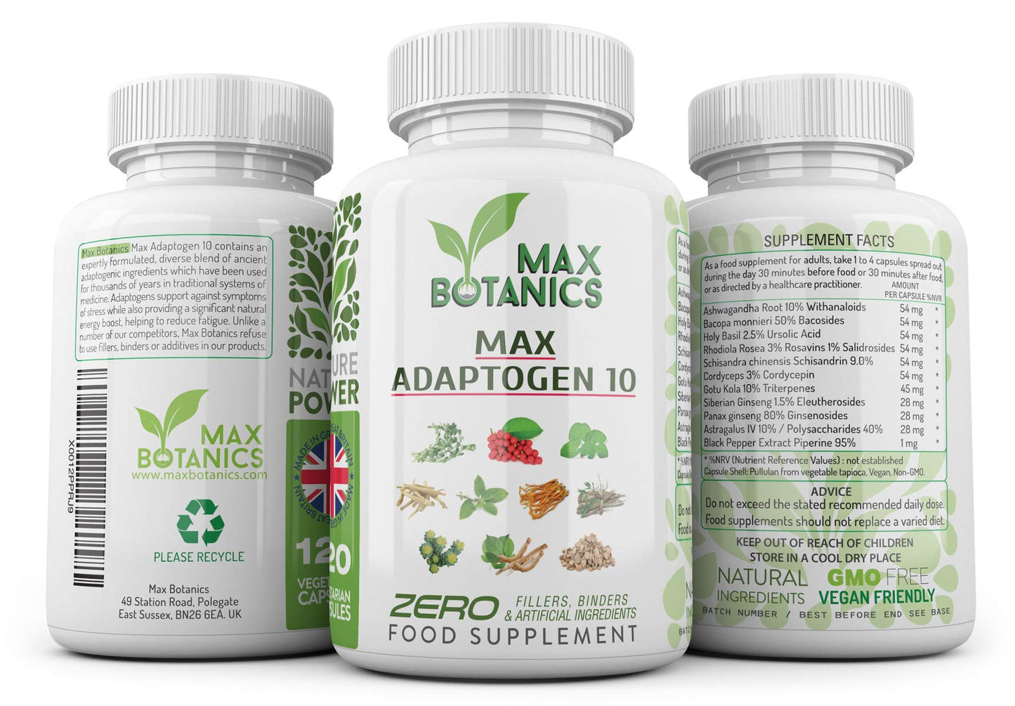 Max Adaptogen 10 | Ayurvedic Herbs | Ashwagandha, Bacopa, Holy Basil, Rhodiola Rosea, Schisandra, Cordyceps, Gotu Kola, Siberian & Panax Ginseng, Astragalus (120 Capsule Bottle)