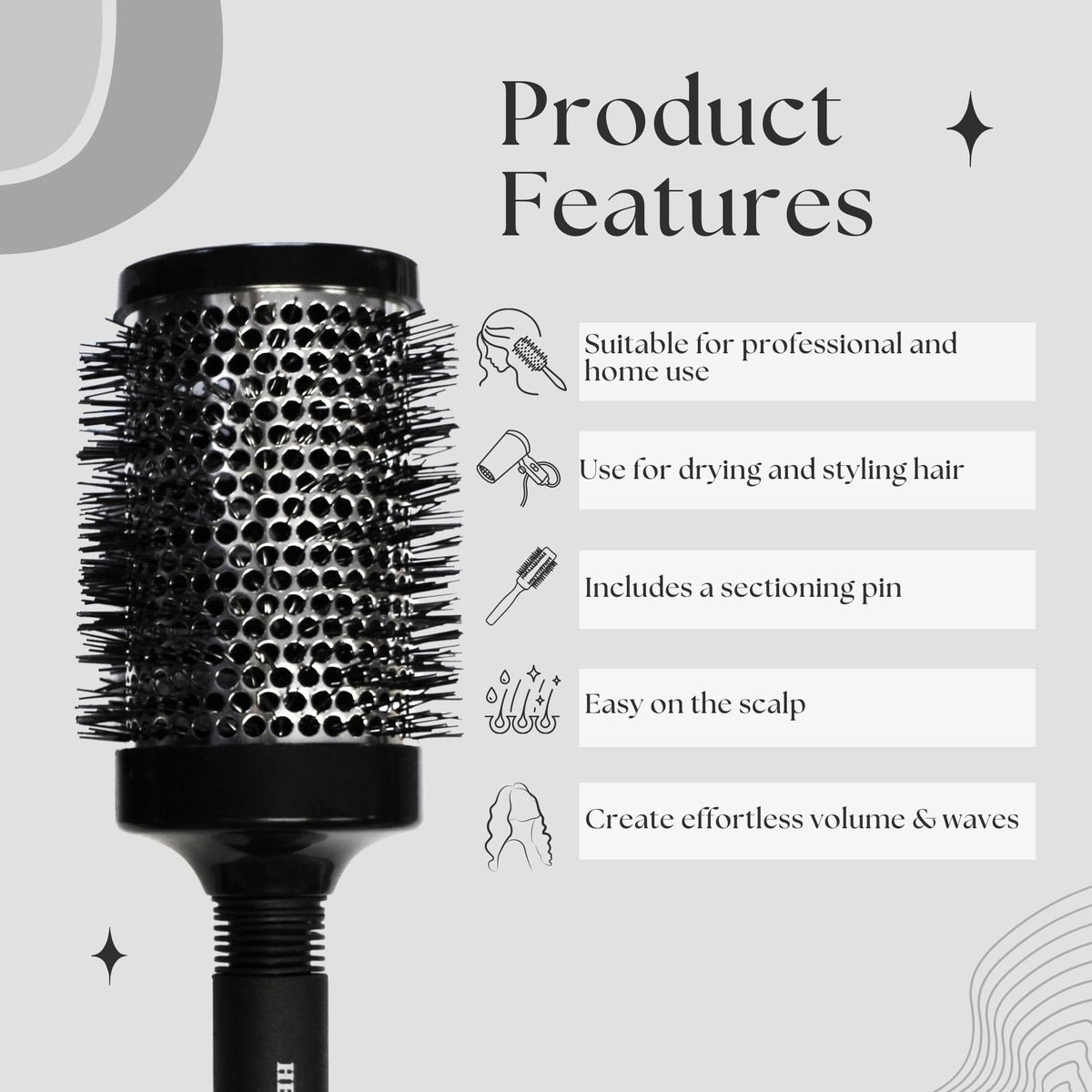 Head Jog Heat Retainer Brush. Black & Silver Styling Round Hairbrush With Metal Barrel For Fast Drying. Round Vent Brush Comb For Styling, Blow Drying, Straightening & Curling. (4 Brush Set)