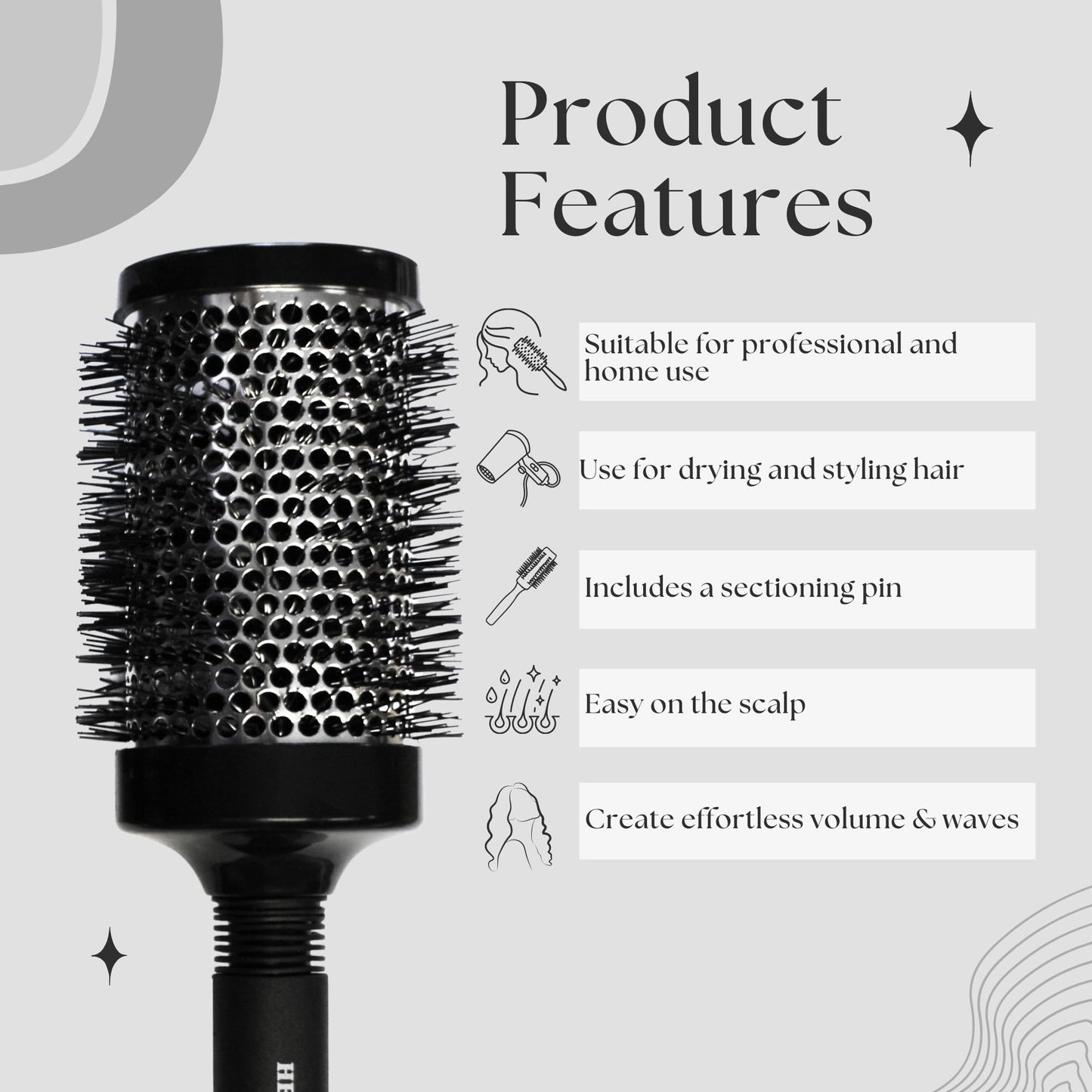 Head Jog Heat Retainer Hair Brush. Black & Silver Styling Round Hairbrush With Metal Barrel For Fast Drying. Round Vent Brush For Styling, Blow Drying, Straightening & Curling. (70mm)