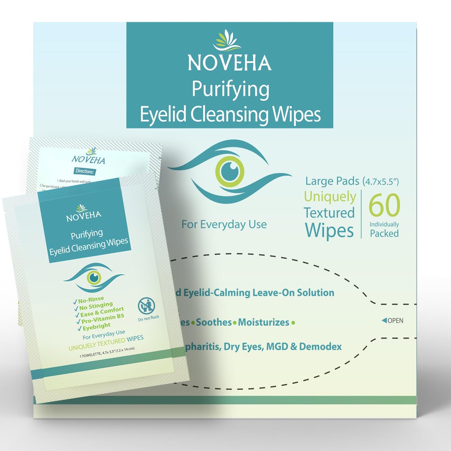NOVEHA Antimicrobial Eyelid & Lash Wipes | For Itchy, Dry Eyes, Styes & Blepharitis, Gentle & Natural 0.02% Pure Hypochlorous Acid Cleansing Wipes, Hypoallergenic & Soothing For Sensitive Eyes, Pack of 60