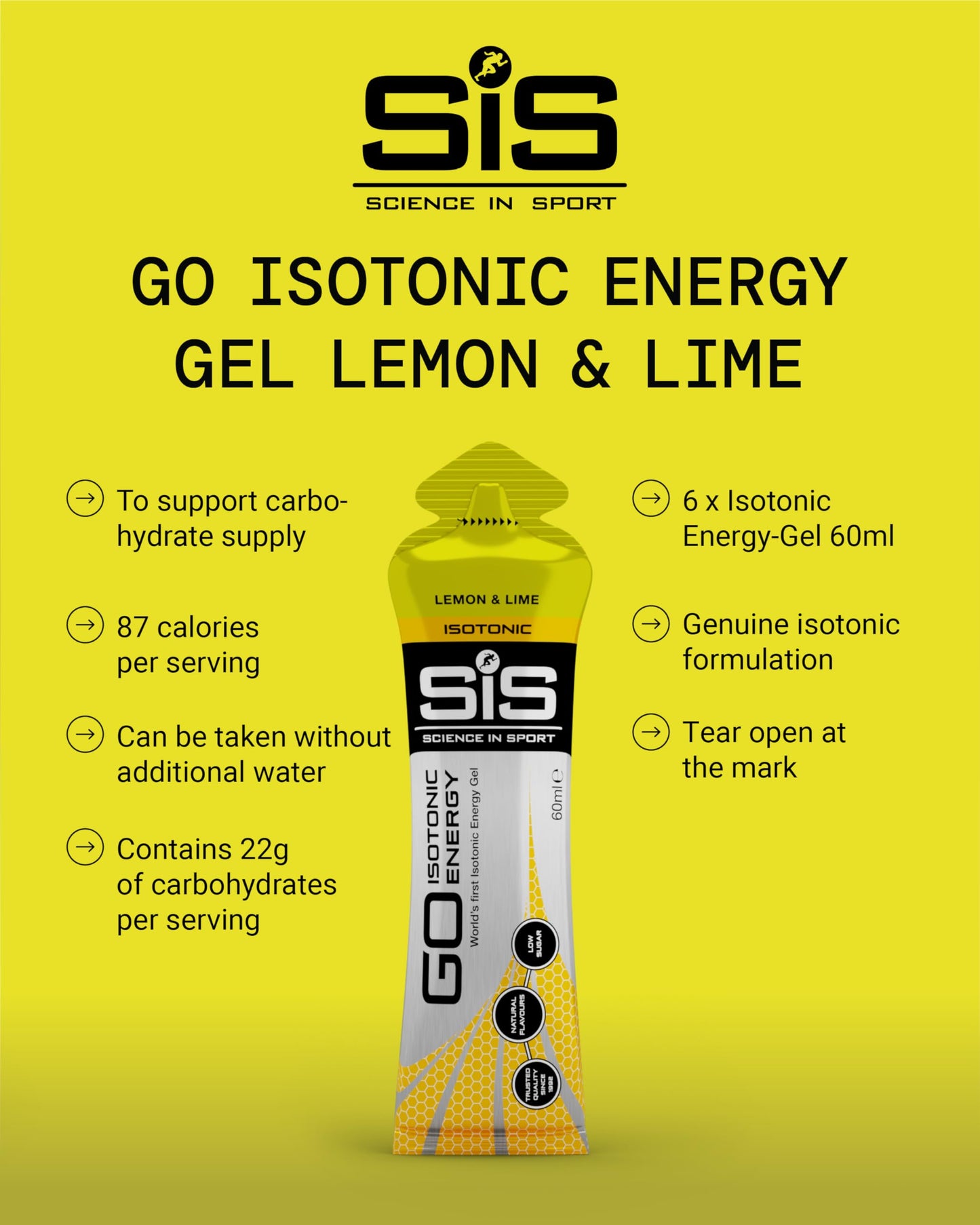 Science in Sport GO Isotonic Energy Gels - Fast-Acting Isotonic Carbohydrate Gel, 22g Energy per Sachet - No Need for Water - On-the-Go Fuel - Lemon & Lime, 6-Pack