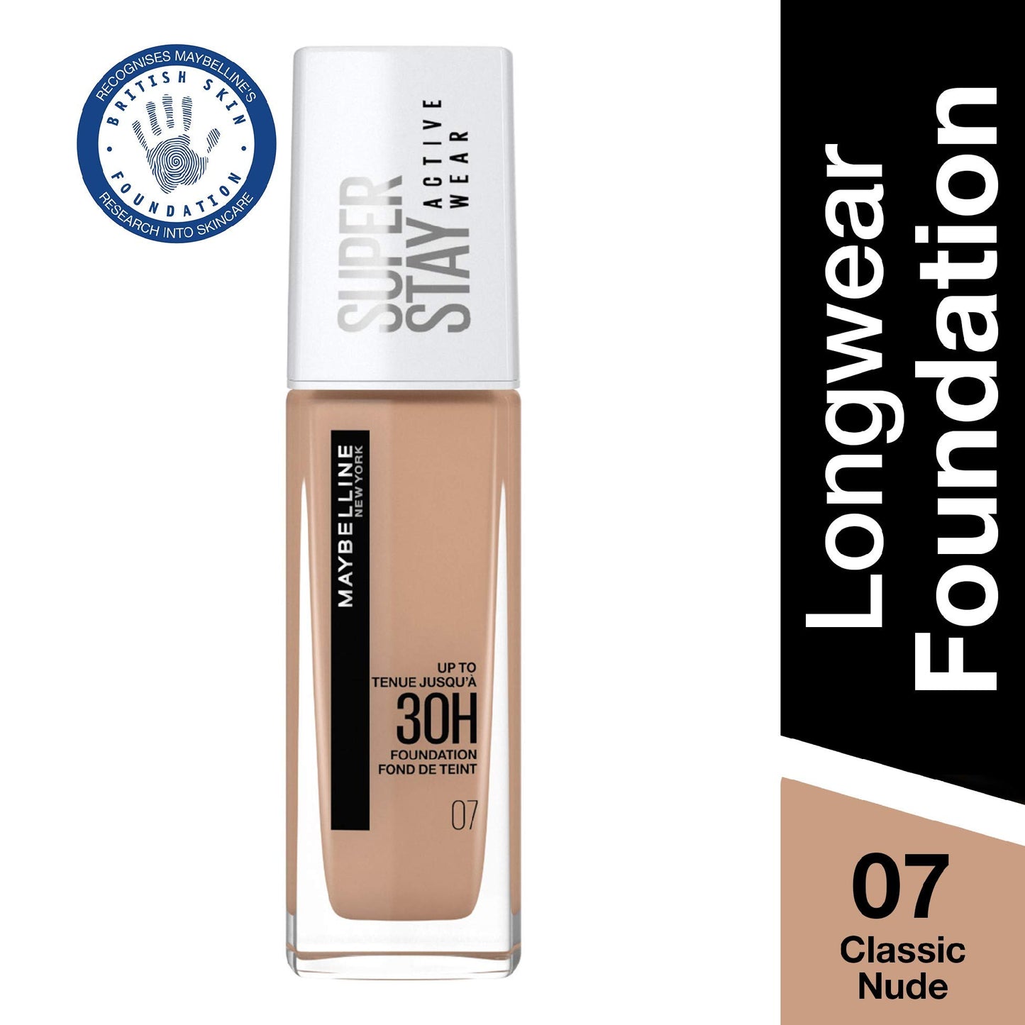 Maybelline New York Foundation, Superstay Active Wear 30 Hour Long-Lasting Liquid Foundation, Lightweight Feel, Water, Sweat and Transfer Resistant, 30 ml, Shade: 07, Classic Nude