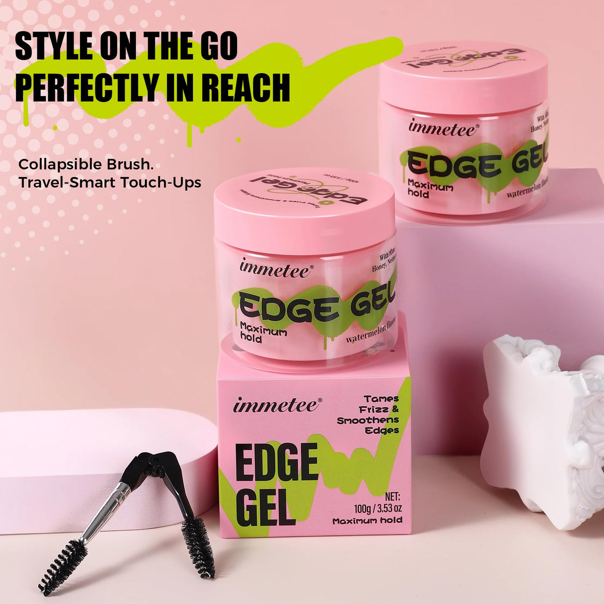 immetee Edge Control Gel with Brush, Hair Styling Gel Flyaway Hair Tamer for Afro Hair.（100g,3.52 oz） (Purple-Grapes)