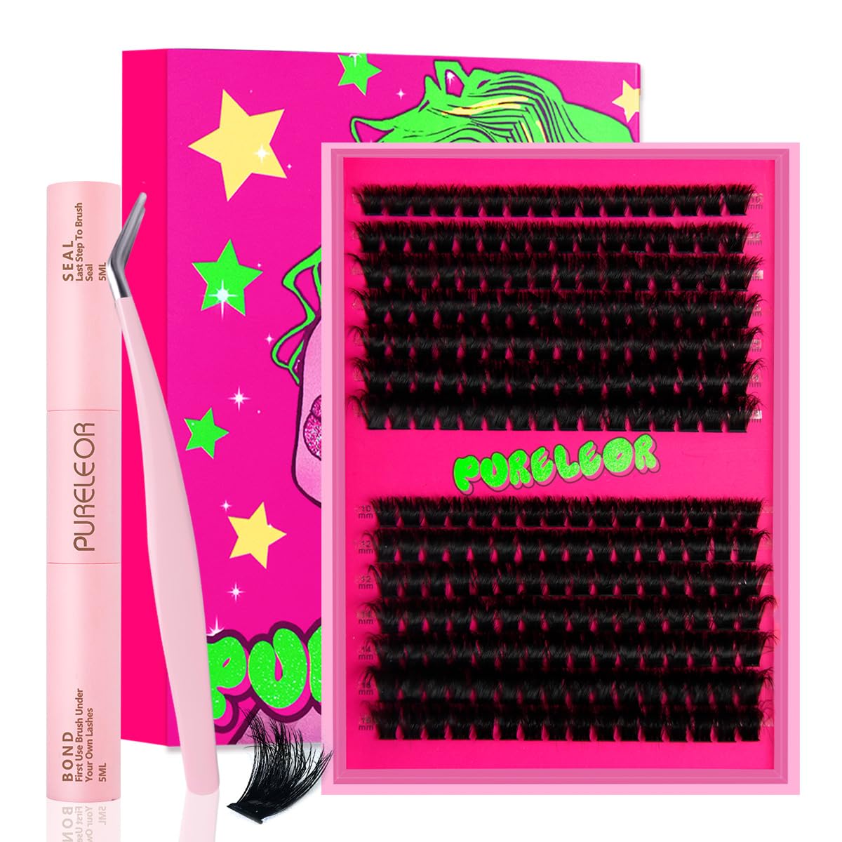 PURELEOR Individual Cluster Lashes Kit Lash Extensions Set DIY Multiple styles Eyelash Clusters with Bond and Seal Tweezers 100D Curl Mixed 10-16mm