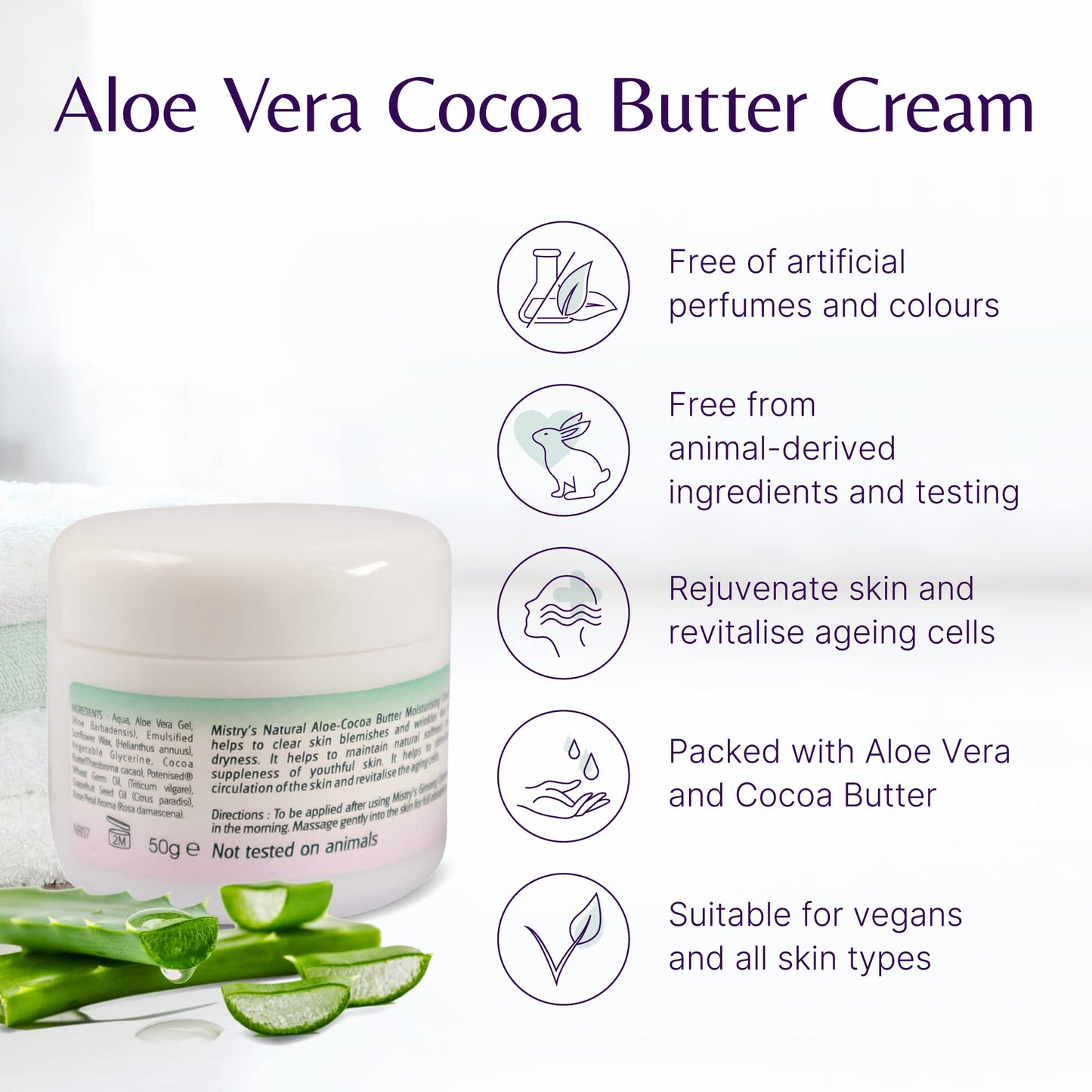 The House of Mistry Mistry's Aloe Vera Cocoa Butter Moisturising Cream 50g - Moisturising & Softening, Clear Skin Blemishes and Wrinkles - Additive Free, Vegan.