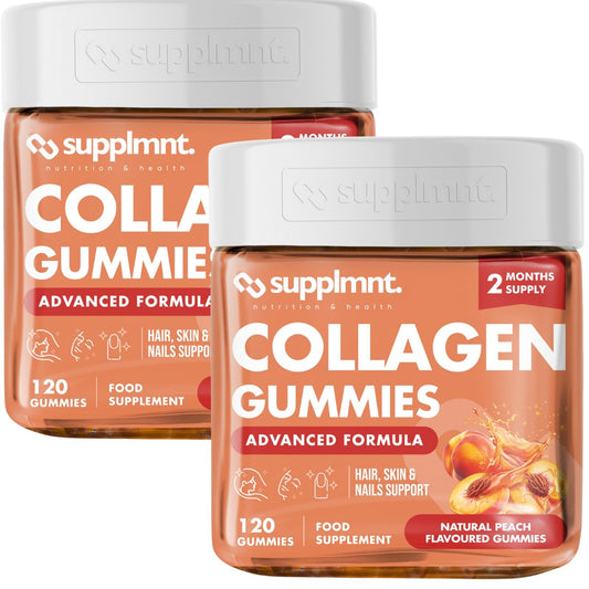supplmnt. Marine Collagen Gummies Peach Flavour - Hydrolysed Collagen Peptides w/Biotin, Hyaluronic Acid & Vitamin C, Collagen Supplements for Women & Men - Gummies for Skin, Hair & Nails, Dual Pack