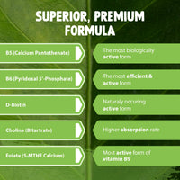 Vitamin B Complex Vegan High Strength Plant Based 60 Capsules Vitamin B12 Supplement B12 2000μg B9 Folate 400μg B7 Biotin 250μg B6 10mg B5 25mg B3 20mg B2 7.5mg B1 12.5mg with Choline Bitartrate