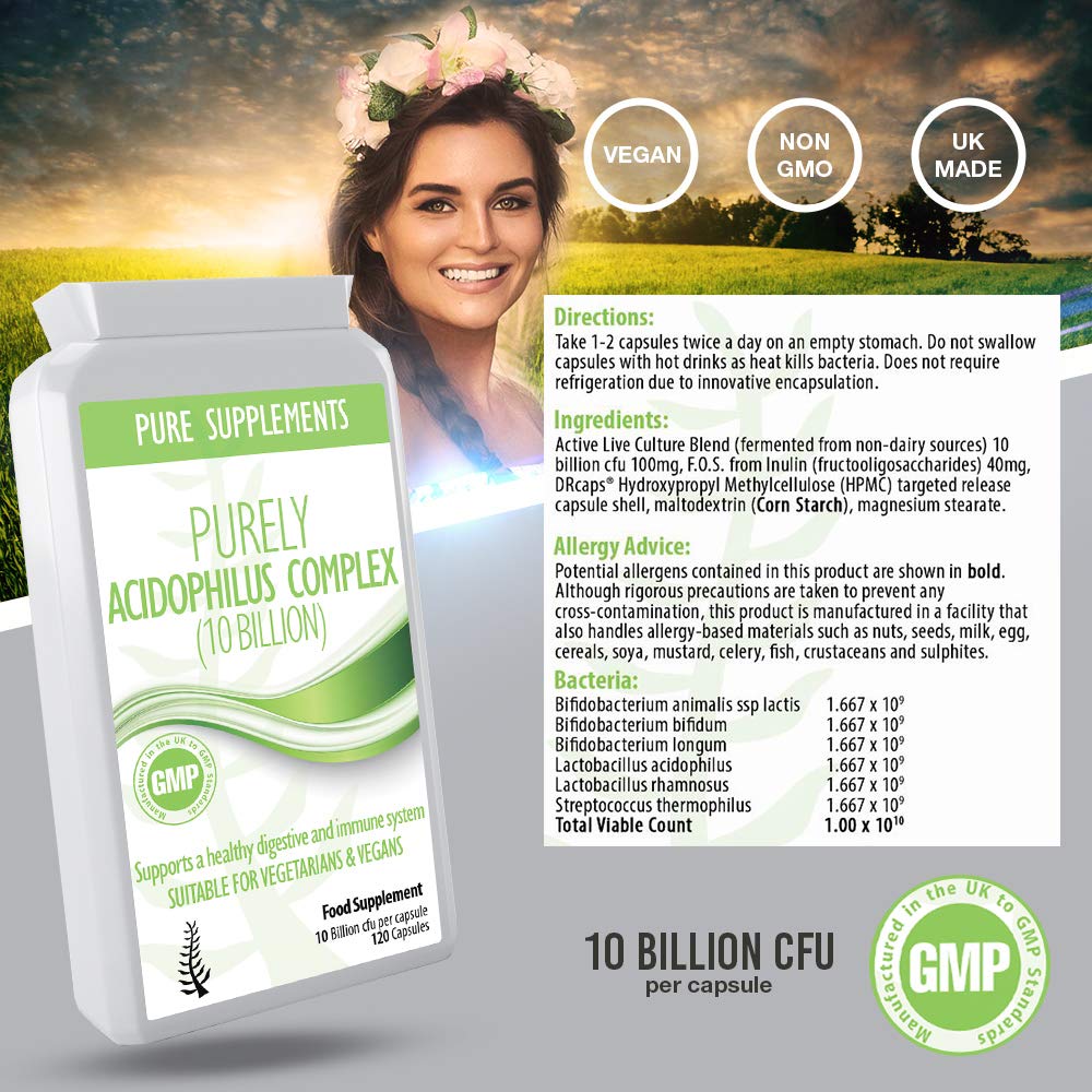 Pure Food Supplements Probiotic Acidophilus Capsules 10 billion for Women and Men 120 Capsules High CFU count Targeted strains Time-released delivery | Vegetarian & Vegan Friendly