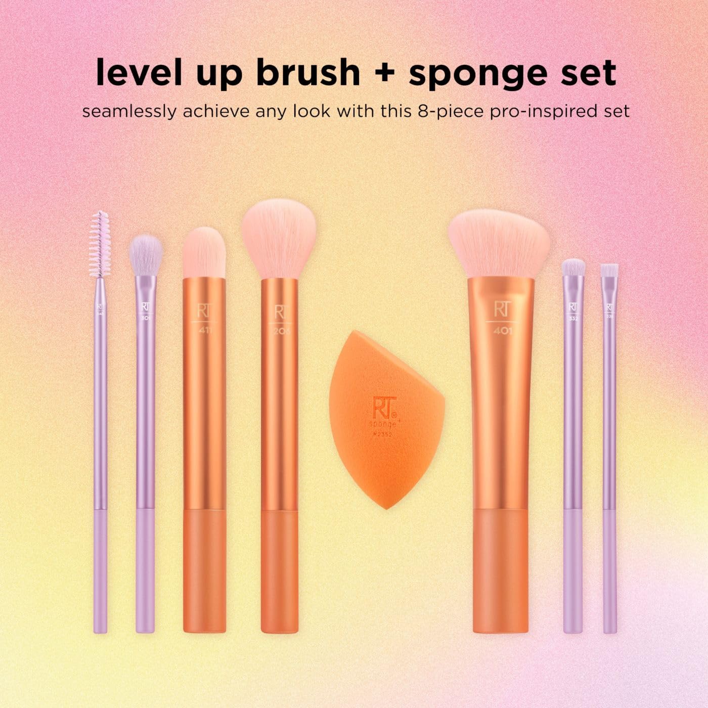 REAL TECHNIQUES Real Techniques Level Up Brush And Sponge Kit, Makeup Brushes For Eyeshadow, Foundation, Blush, & Bronzer, Makeup Blending Sponge, Professional Quality Makeup Tools, Synthetic Bristles, 8 Piece Set